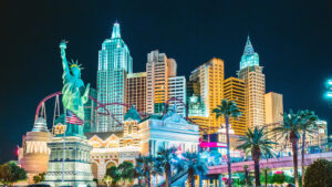 LAS VEGAS, USA - September 20, 2016: Colorful Downtown Las Vegas with world famous Strip and New York New York hotel and casino complex illuminated beautifully at night, Nevada, USA (LAS VEGAS, USA - September 20, 2016: Colorful Downtown Las Vegas wit